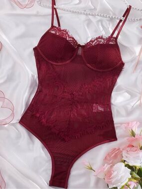Burgundy Lace Mesh Bodysuit